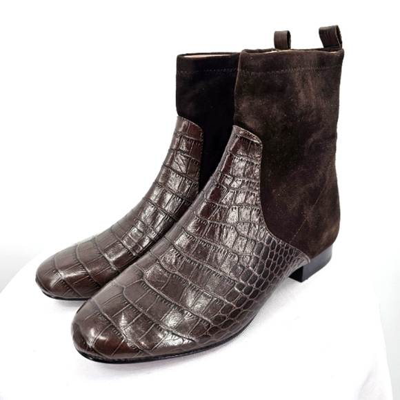 Taryn Rose Floriana Ankle Boots Espresso Brown Croc Embossed Leather & Suede Siz - Picture 1 of 11